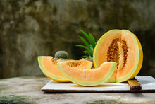 Sliced Of Melons, Fresh Melon Or Cantaloupe, Cantaloupe Melons On Wood Background, Favorite Fruit In Summer