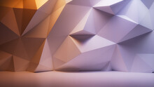 Orange And Lilac 3D Polygonal Wall. Futuristic Architectural Background.