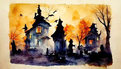 Wall Mural - Watercolor painting of Halloween spooky Horror background, October 31