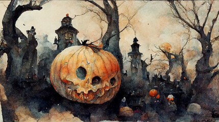 Wall Mural - Watercolor painting of Halloween Pumpkin Jack O' Lantern in spooky Horror background, October 31