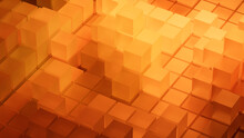 Orange And Yellow, Translucent Blocks Precisely Arranged To Create A Innovative Tech Wallpaper. 3D Render.