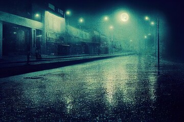 Wall Mural - Empty background scene. Reflection of the moon on a wet surface. Rays of blue neon light in the dark. Night view of the street, the city. Abstract dark background.