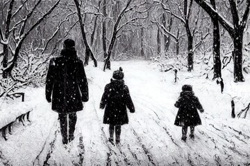 Rear view of family with two small children in winter nature, walking in the snow.