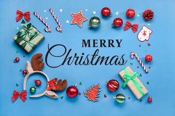 Beautiful greeting card for Merry Christmas with decorations and gifts