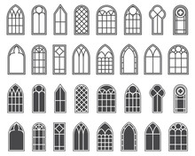 Church Windows Set. Silhouettes Of Gothic Arches In Line And Glyph Classic Style. Old Cathedral Glass Frames. Medieval Interior Elements. Vector