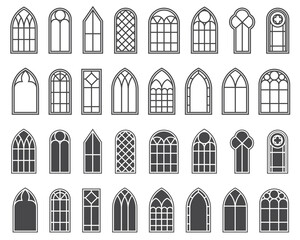 Poster - Church windows set. Silhouettes of gothic arches in line and glyph classic style. Old cathedral glass frames. Medieval interior elements. Vector