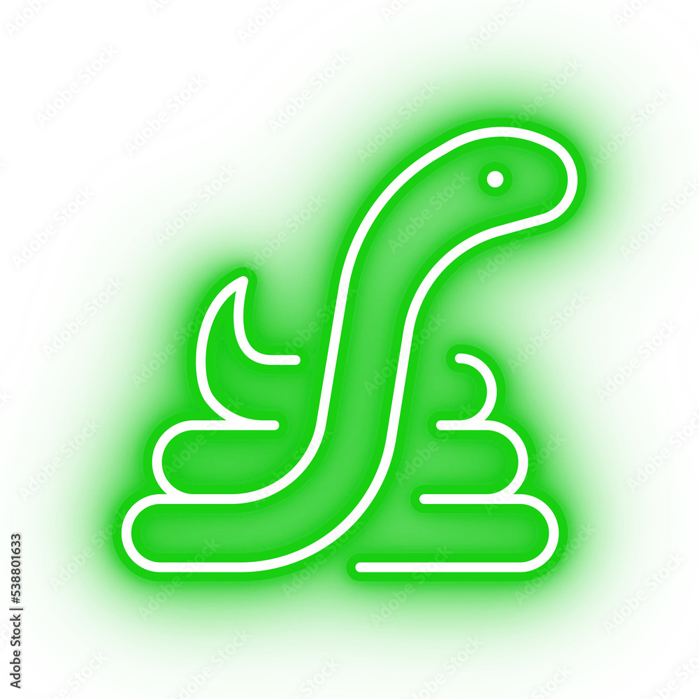 Neon green snake icon, glowing python icon on transparent background