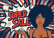 The pop-art face. Sexy surprised black woman with African hair and an open mouth. SALE illustration halftone dot versus comic. Comics book template background. Pop art colorful backdrop.	