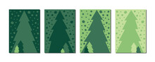 Collection Of Simple Flat And Abstract Fir Trees Design With Snow And Snowfall, For Social Media Stories, Advertising And Set Of Green Christmas Cards With Copy Space For Text, DIN A6