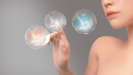 Drops of serum or water droplets float in the air and break apart into 3d renderings.