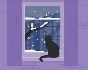 Wall Mural - a black cat is sitting by the window and looking at the snowy landscape outside. flat vector illustr