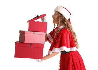 Canvas Print - Young woman in Santa costume with gift boxes on white background