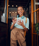 Fototapeta  - Happy gen z young woman with smartphone, social media fashion influencer in trendy cafe and youth culture in Miami. .Trendy student communication, reading text on cell and 5g technology connection