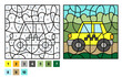 Vector coloring page for children education and activities. Puzzle game color by number yellow taxi
