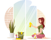Woman Washing Windows Illustration