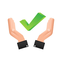 Sticker - Check mark hanging over hands. Green approved star sticker on white background. Vector stock illustration.