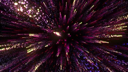 Bright multi-colored particles fill the space with jets of energy and light. Shiny colorful abstract background for bright festive decoration