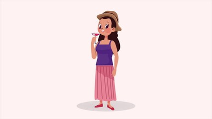 Canvas Print - young female tourist drinking cocktail animation