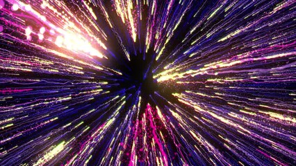 Bright multi-colored particles fill the space with jets of energy and light. Shiny colorful abstract background for bright festive decoration