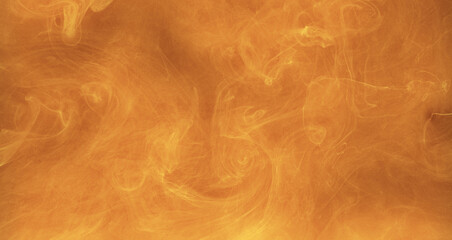 Wall Mural - Color smoke cloud. Ink water texture. Steam flow. Orange yellow glowing vapor swirl floating bright abstract art copy space background.