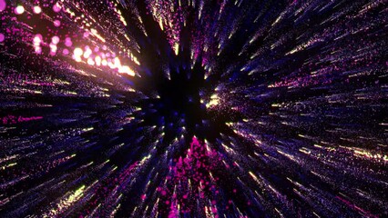 Bright multi-colored particles fill the space with jets of energy and light. Shiny colorful abstract background for bright festive decoration