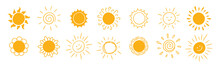 Doodle Different Sun Icons Set. Scribble Yellow Sun With Rays Symbols. Doodle Children Drawings Collection. Hand Drawn Burst. Hot Weather Sign. Vector Illustration Isolated On White Background.