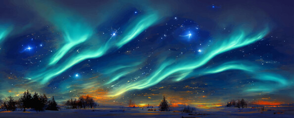 magical sky with aurora and stars blue northern
