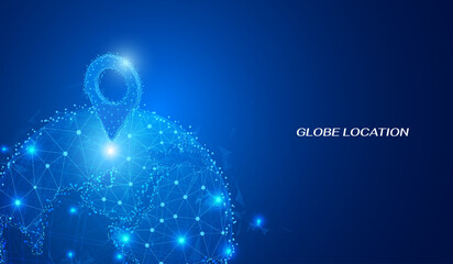 Leinwandbilder - Abstract futuristic blue low poly globe with pin location icon marking point vector. Technology scifi planet earth 3d graphic concept.