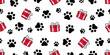 dog paw seamless pattern footprint gift box christmas Santa Claus cartoon birthday tile background repeat wallpaper illustration gift wrapping paper scarf isolated design