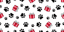 Dog Paw Seamless Pattern Footprint Gift Box Christmas Santa Claus Cartoon Birthday Tile Background Repeat Wallpaper Illustration Gift Wrapping Paper Scarf Isolated Design