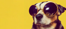 Cool And Funny Dog With Vacation Sunglasses, Banner With Copy Space, Yellow Background, 3d Illustration
