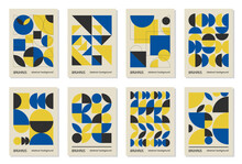 Set Of 8 Minimal Vintage 20s Geometric Design Posters, Wall Art, Template, Layout With Primitive Shapes Elements. Bauhaus Retro Pattern Vector Background, Blue, Yellow And Black Ukrainian Flag Colors