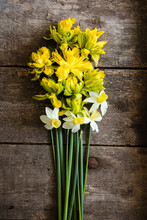 Blooming Daffodils Lying On Wooden Table