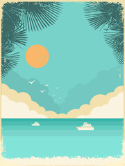 Wall Mural - Beautiful sea waves vintage poster landscape with tropical palms and summer beach on blue sky hot sunshine on old paper texture
Exotic horizon vector background. Vector Illustration of Tropical palms 