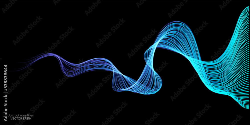 Vector abstract light lines wavy flowing dynamic in blue green colors ...