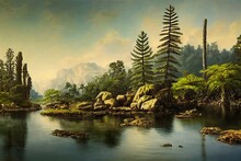 Prehistoric Landscape Of Flora And Fauna From Jurassic Era With Scaly Trees