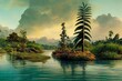 Prehistoric landscape of flora and fauna from jurassic era with a lakeside