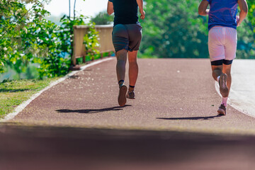 Wall Mural - Rearview of two male friends running outdoors in a park