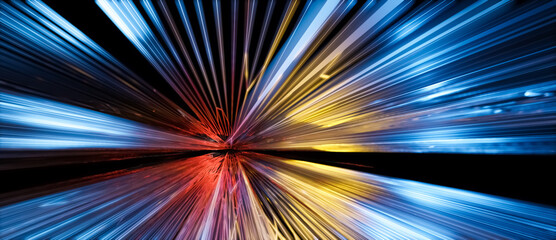 Wall Mural - Abstract 3D illustration of glowing bright blue red yellow neon light streaks in motion. Visualization of data transfer, rapid movement or cyberspace on black background