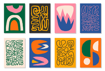 set of 8 matisse inspired wall art posters, brochure, flyer templates, contemporary collage. organic