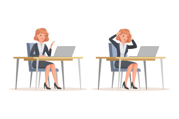 Wall Mural - Office Woman in Suit at Desk with Laptop Engaged in Workflow Vector Set