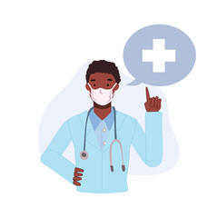 Wall Mural - Male Afican American Doctor wearing Medical Face Mask. African-American Medical person profession. Doctor and hospital staff with speech bubble. Vetor illustration