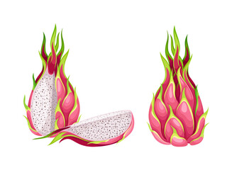 Poster - Pitaya or Pitahaya Fruit of Cactus Species with White Flesh and Black, Crunchy Seed Vector Set