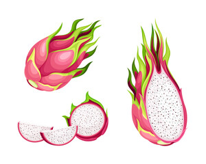 Poster - Pitaya or Pitahaya Fruit of Cactus Species with White Flesh and Black, Crunchy Seed Vector Set