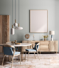 Interior Design Of Modern Dining Room Or Living Room, Marble Table And Chairs. Wooden Sideboard Over Blue Wall. Home Interior. 3d Rendering