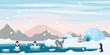 Vector illustration of the North Pole. Cartoon ice landscape with penguins, fur seal, eskimo needles of mountains backdrop.