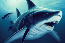 Illustration Of A Megalodon Shark, Prehistoric Sea Creature, Predator Of Pliocene, Extinct Species, Generative AI