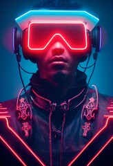 A fictional person, not based on a real person. Portrait of a sci-fi cyberpunk man. High-tech futuristic man from the future. The concept of virtual reality and cyberpunk. 3D render.