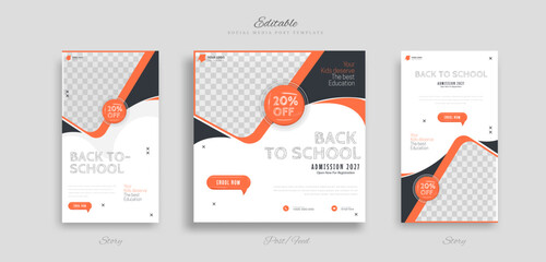 set of School education admission social media post and story web banner template. with orange black and white background vector.