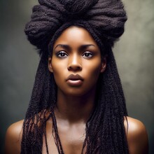 A Fictional Person, Not Based On A Real Person. Abstract Portrait Of A Fantasy Ebony Girl. Fashionable Woman With Dreadlocks. Creative Beautiful Girl. 3d Rendering